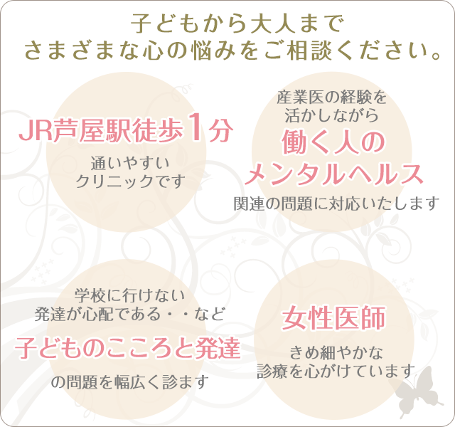 子ども・大人を問わずさまざまな心のお悩みをサポートいたします。JR芦屋駅1分で西宮市や三宮市など神戸方面からも通いやすいクリニックです。女性医師としてきめ細やかな診療を行っています。学校になじめない落ち着きがない・・など子どものこころの問題から産業医の経験を活かした職場のメンタルヘルス関連の問題まで幅広く対応いたします。